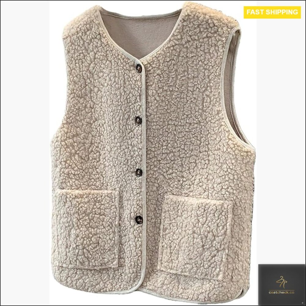 Fuzzy Teddy Vest Sleeveless Button Up Outerwear Chic Fall Fashion With Pockets